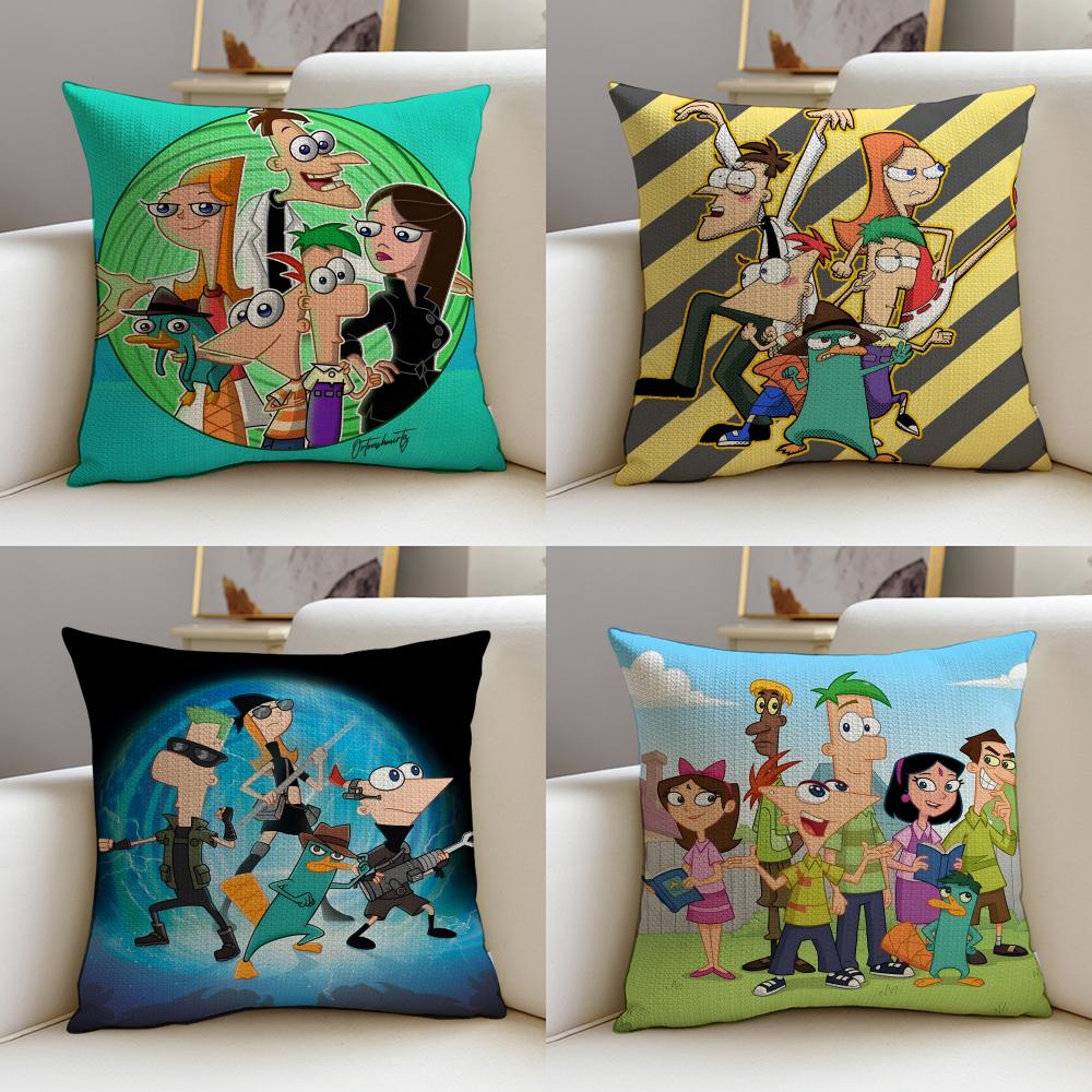Creative PPhineas and FerbS Cushion Cover Breathable and skinfriendly linen pillowcase square removable and washable cushion