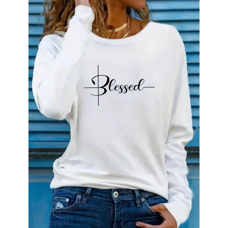 Fashion Y2k Blessed Print Crew Neck T-shirt Casual Top Long Sleeve T Shirt Women's Clothing Harajuku T Shirt
