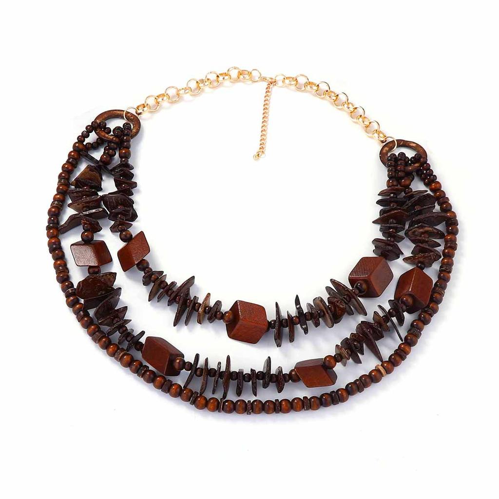 Personality Bohemian ethnic exoticism exaggerated multi-layered wearing beaded geometric wooden women's necklace
