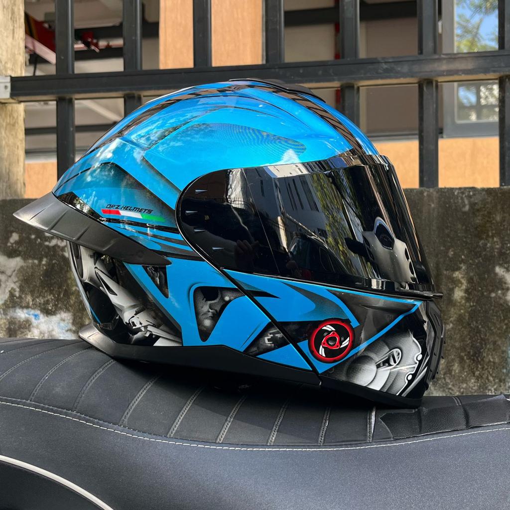 Motorcycle helmet Men's and women's face-off helmet Double mirror Winter tail semi-full cover Four Seasons Blue