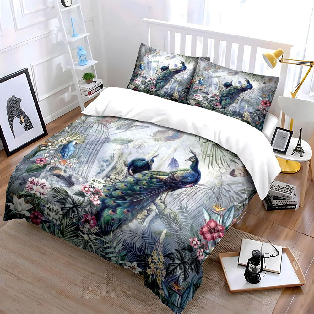Watercolor Tropical Peacock Bird Cage Palm Floral Bedding Set 3pcsExotic Jungle Peony Leaf Print 1 Duvet Cover And 2 Pillowcase