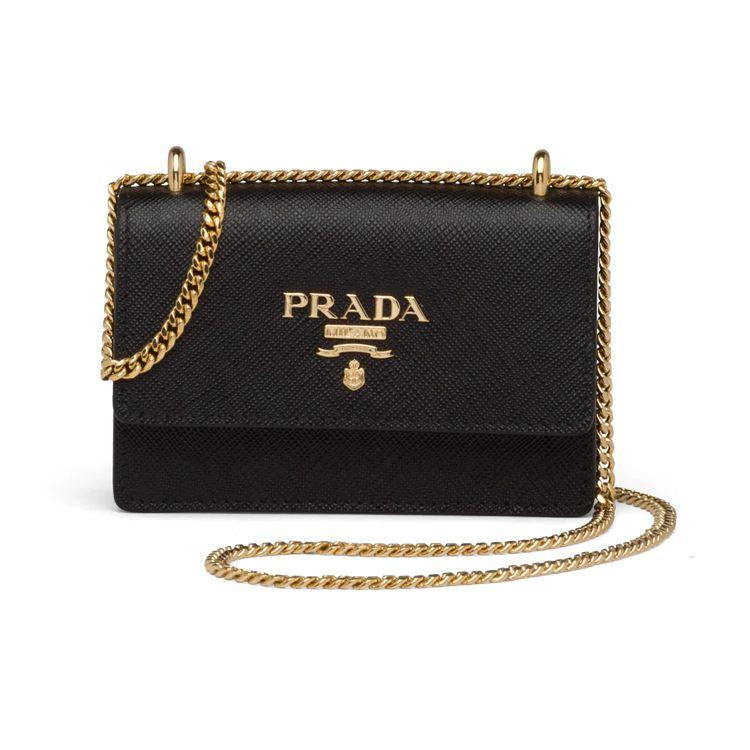 Prada Cartera Porta Tarjetas de Cuero Saffiano con Cadena Cartera para Mujer Negra 1MR017_QWA_F0002