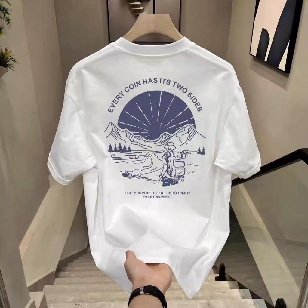 Fun mountain Explorer print T-shirt, summer men's casual fashion short sleeve 100% cotton top loose vintage
