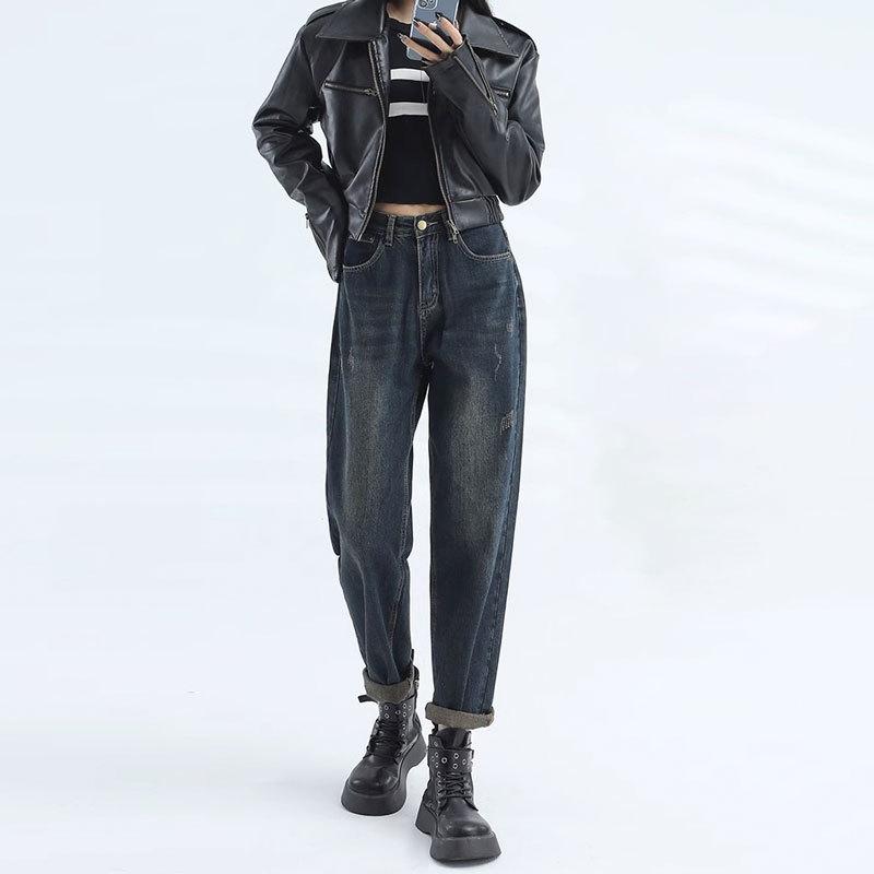 Radish Dad Jeans: Women s Color Block Leather Patch High Waist Cropped Straight-Leg Harem Pants Small