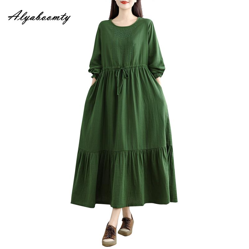 Korean Style Plus Size Spring Autumn Women Midi Dress O Neck Red Green Brown Burgundy Oversized Dress Lace Up Embroidery Cotton Dress