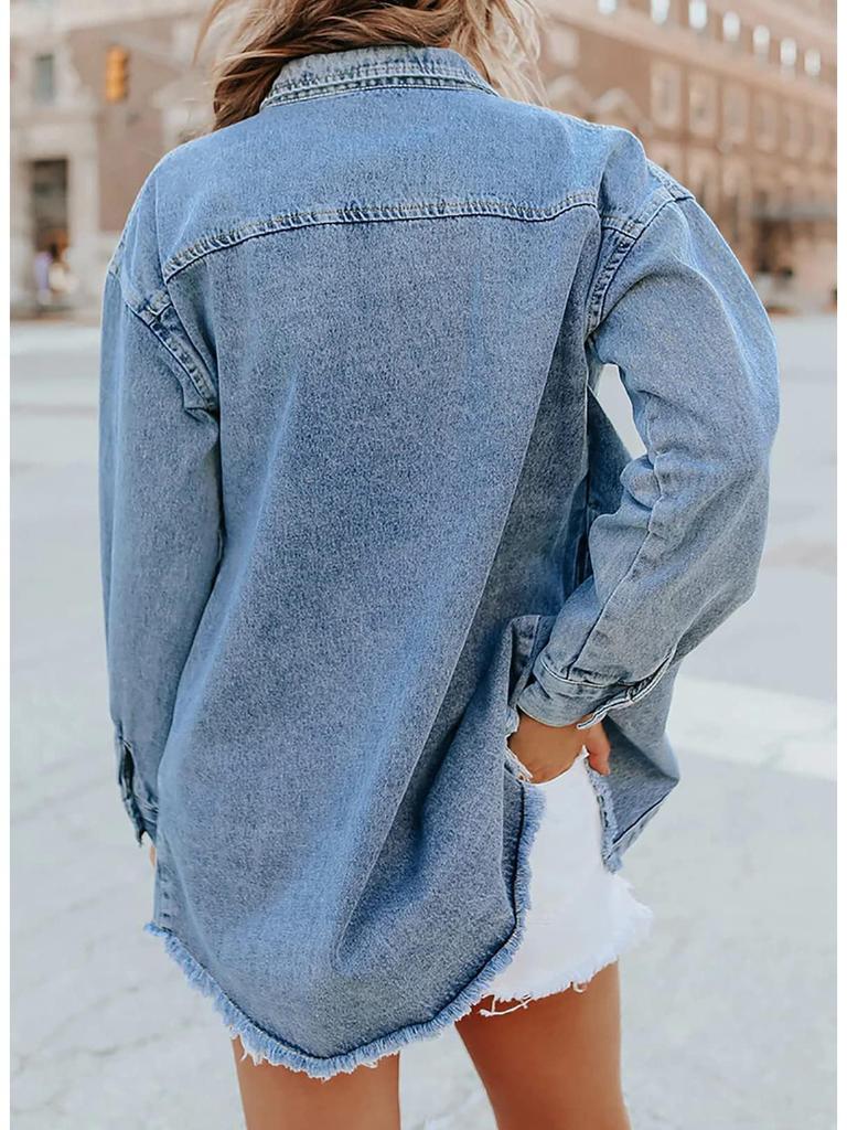 Women's Oversized Distressed Denim Jacket - Casual Long Sleeve Shirt for Spring 2025