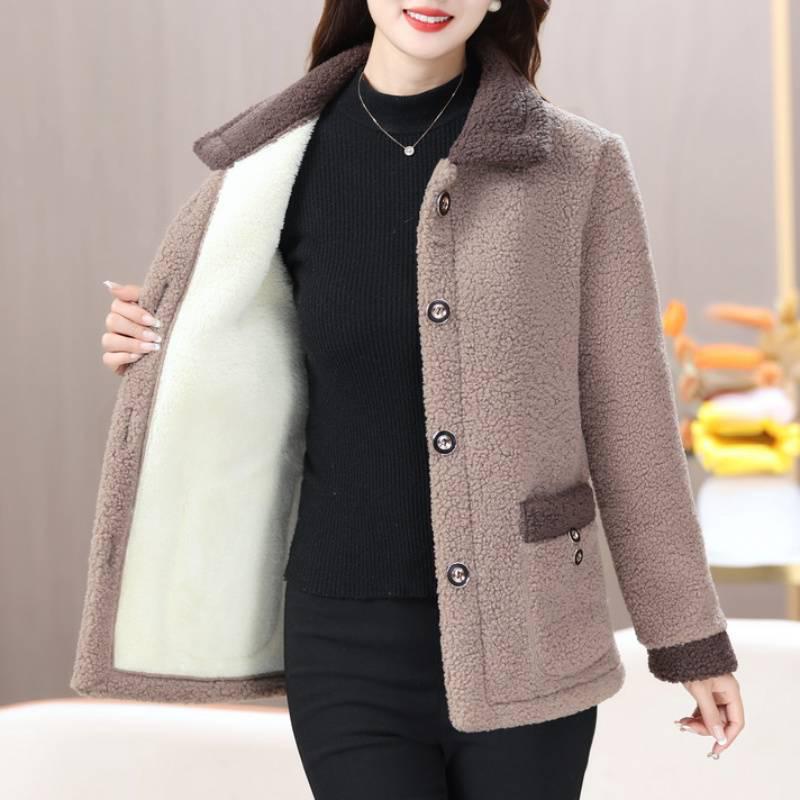 Women's Fleece Lapel Coat - Winter Casual Lamb Wool for Middle-Aged & Elderly