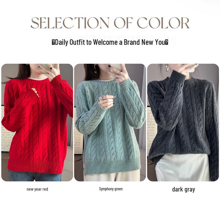 Women's Color-Block Pure Wool Sweater, Cable Knit, Thickened, Loose Fit, Slimming Pullover