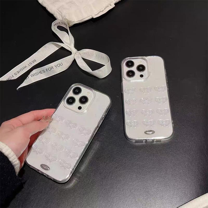 Wind Pearl Bow Mobile Phone Case Is Suitable For Iphone16Pro Transparent Silicone Soft Glitter Apple 17 Women'S Models