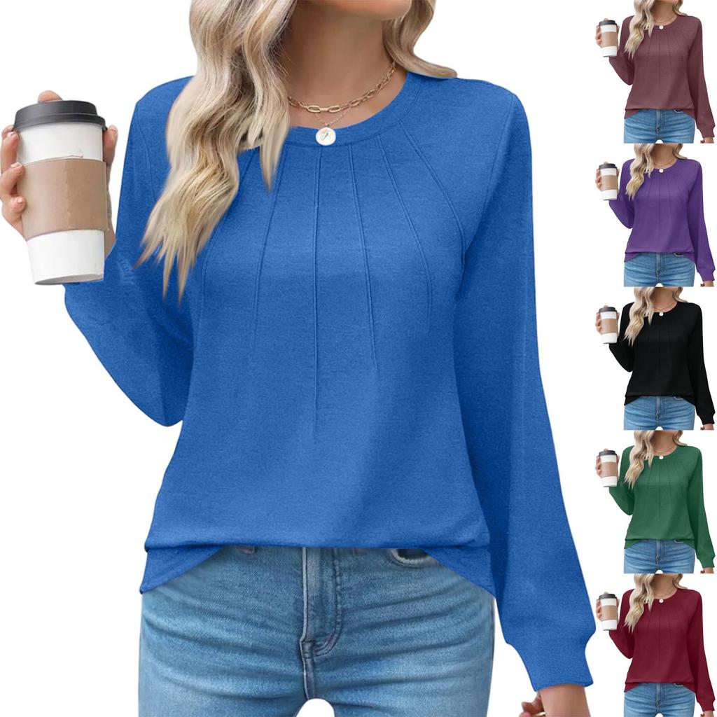 Women's Fashion Casual Solid Color Pleated Comfortable Round Neck Loose Long Sleeve T-shirt Top