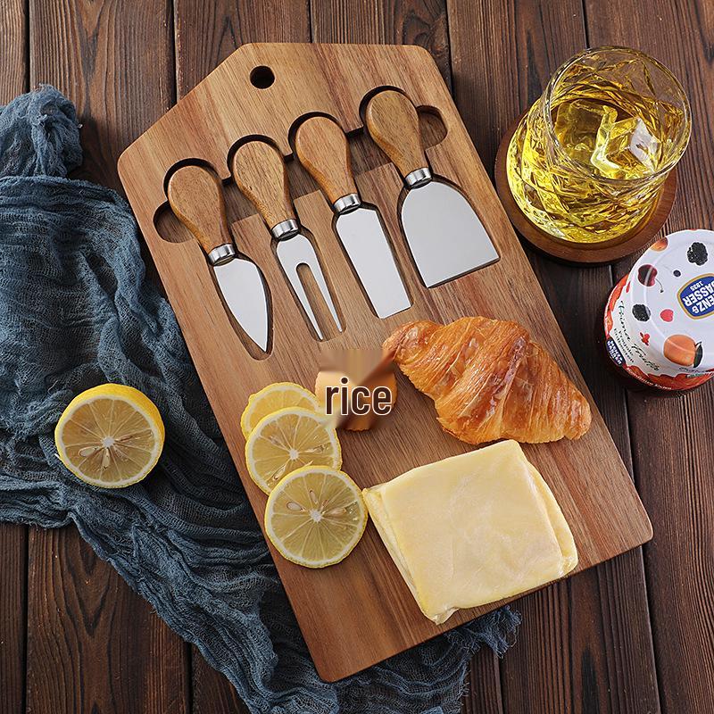 4-Piece Acacia Wood Cheese Board & Stainless Steel Knife Set