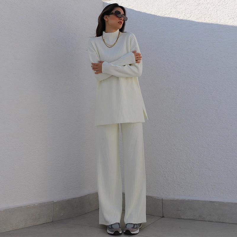 

Комплект из двух предметов, женские вязаные комплекты с широкими брюками, винтажный осенне-зимний свитер с полувысоким воротником, свободная уличная одежда, повседневная одежда L белый