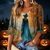 Women's V-Neck Halloween Print Lightweight Top for Spring and Summer
