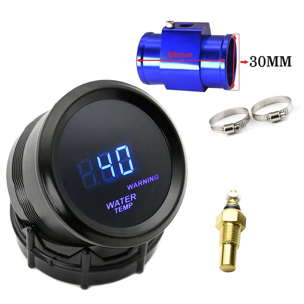 52mm Wassertemperaturanzeige Blaue LED-Beleuchtung mit 16mm-40mm Anschlussrohr-Adapter Schwarz/Blau mit Wassertemperatur 1/8NPT Sensor