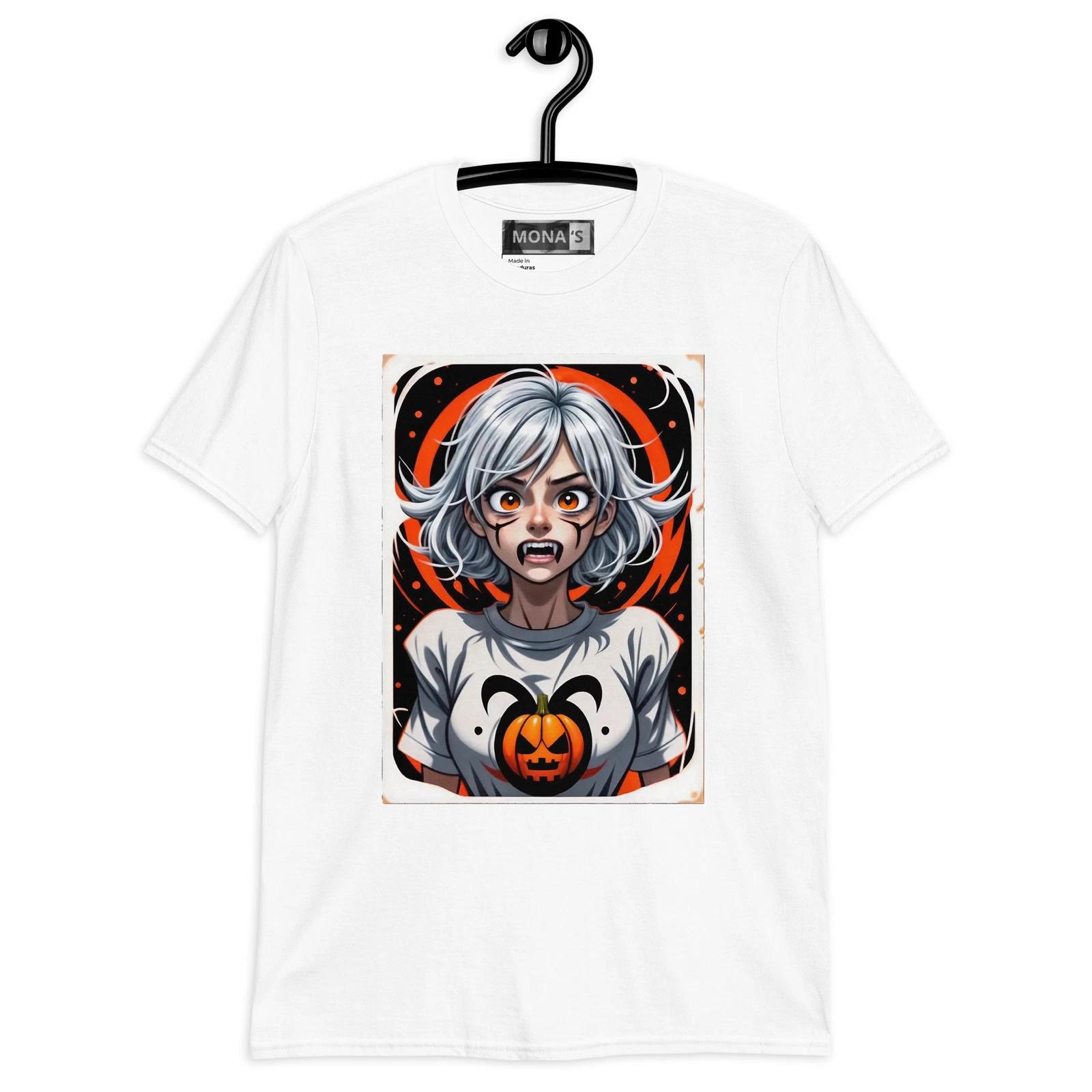 Unisex Halloween Pumpkin Graphic T-Shirt - Silver Hair Character Design L