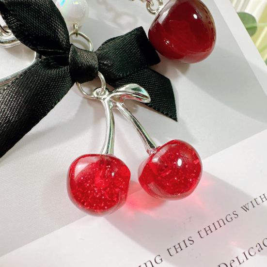 Nyckelring med körsbärspärlor för kvinnor flickor Söt röd körsbärsfruktväska Berlock med rosett Svart stjärna Nyckelring för plånbok Väska Ryggsäck Handväska Tillbehör