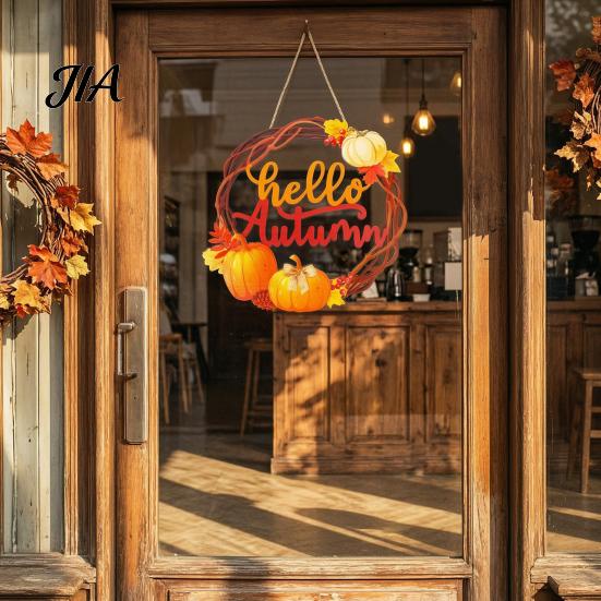 Hello Autumn Wood Plaque Harvest Wooden Wreath Pendant, Front Door Hanging Ornaments with Hemp Rope, Natural Fall Sign Pumpkins Maple Leaves