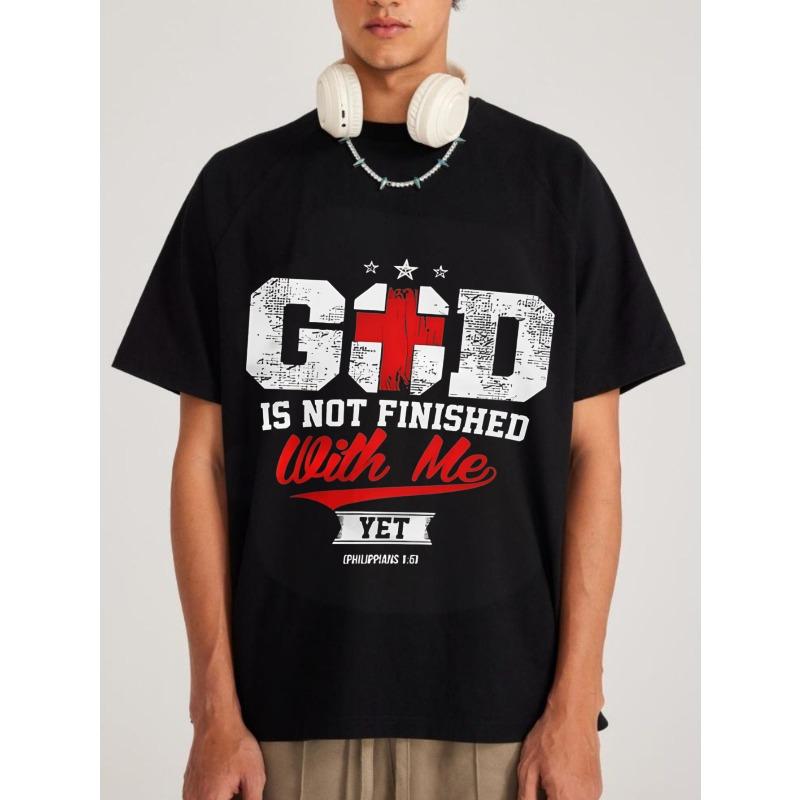 Men's Black T-Shirt God Is Not Finished With Me Yet Bible Verse Christian Faith Statement Graphic Tee Casual Wear For Church And Everyday Outfits