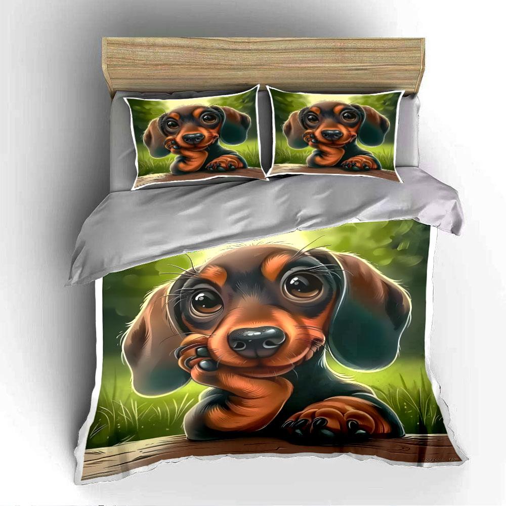 Adorable Cartoon Dachshund Art Bedding Duvet Cover Set (1*Duvet Cover 2*Pillowcases, Without Duvet Insert)