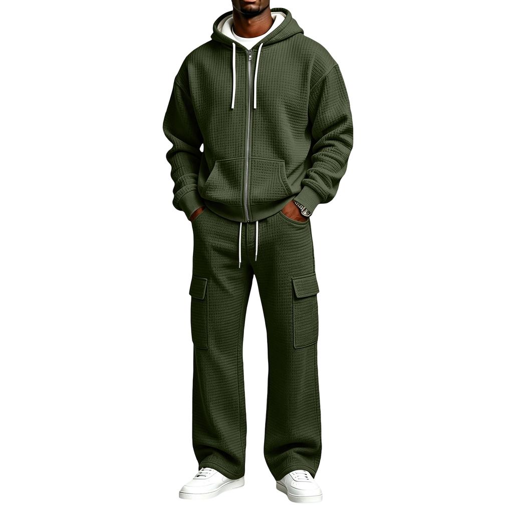 Winter Hooded Sweatshirt Jacket and Cargo Sweatpants Set, 2 Piece Casual Sweatsuit