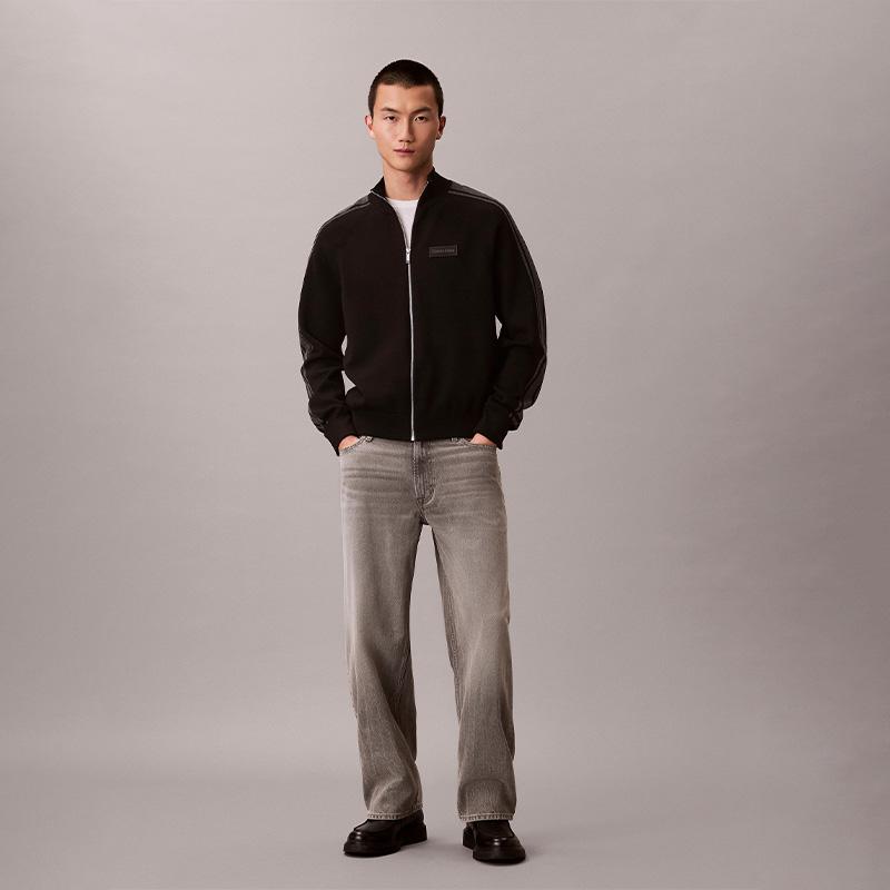 Calvin Klein Business Casual Letter Jacquard Color Block Small Stand Collar Knit Sweater Men Sweater 4LE306G