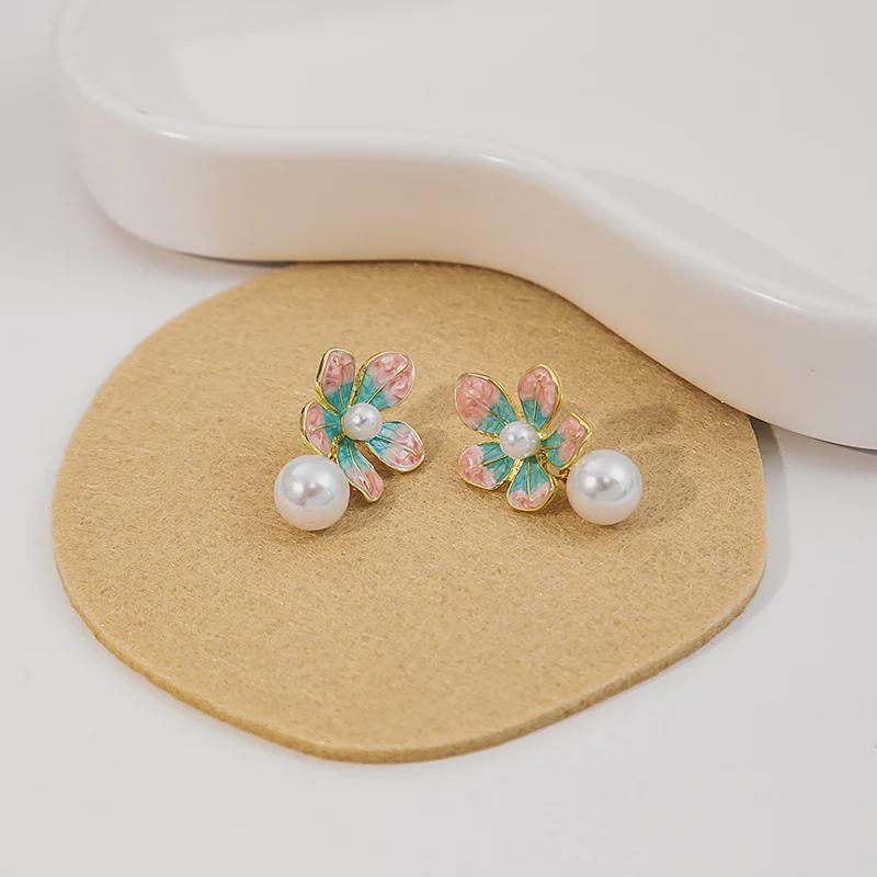 Japanese & Korean Sweet Flower Pearl Earrings - Cute Enamel Pink & Blue Petal Design