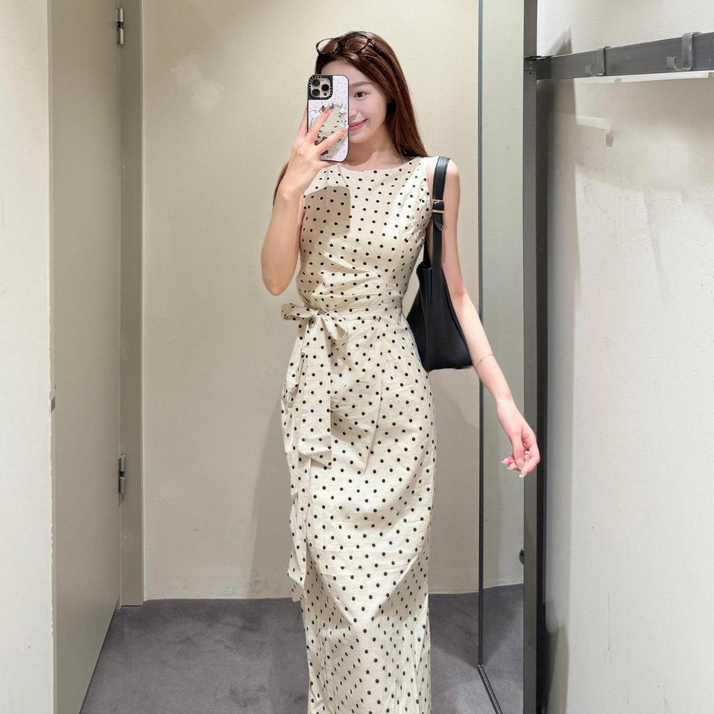 Women's French Polka Dot Slim Fit Sleeveless Midi Dress