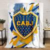 Blue and yellow shield with stars, splattered background, angular shapes. for all seasons blanket lunch break throw gift