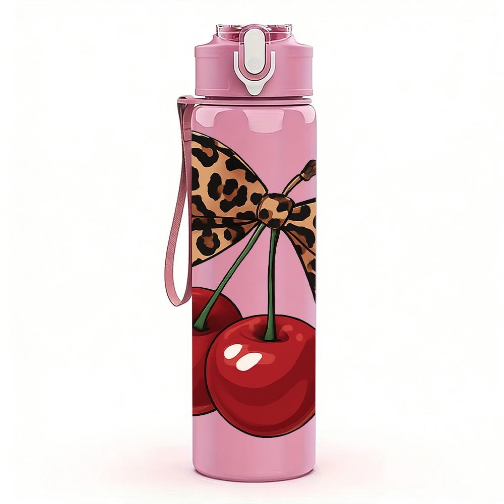 1PC Cherry Fruit Leopard Bow Print 750ml Color Plastic Sports Water Bottle Leakproof Flip Straw Lid Suitable for Sports Office Home Use