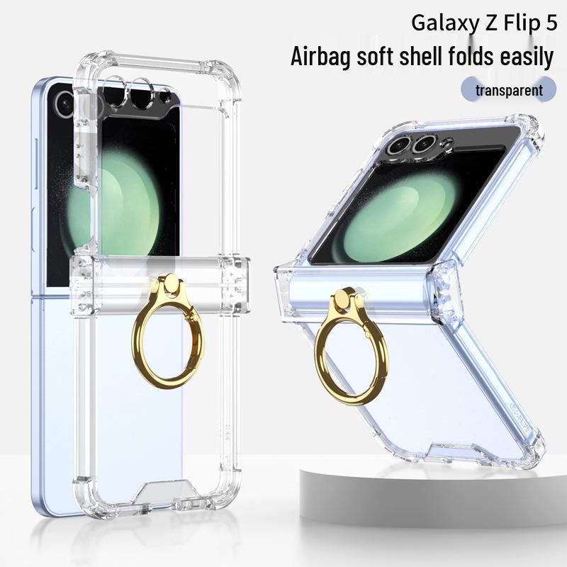 

Чехол-сумка Samsung Z Flip 5 с вращающимся шарниром, подушкой безопасности, прозрачным однотонным цветом и держателем-кольцом для пальца Small Screen without Protector