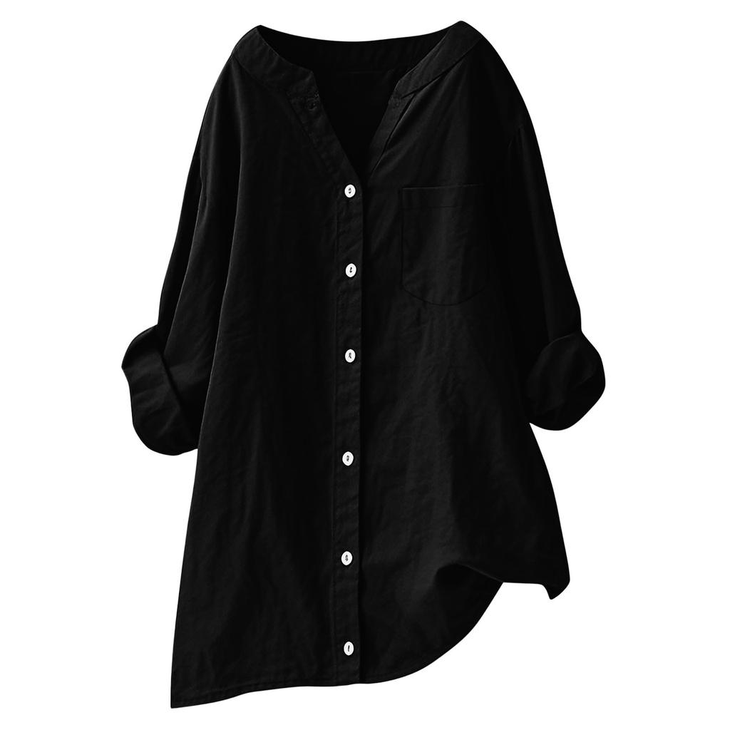 Women's Fashion Casual Solid Color T-Shirt Cotton Linen Long Sleeve Cardigan Loose Top