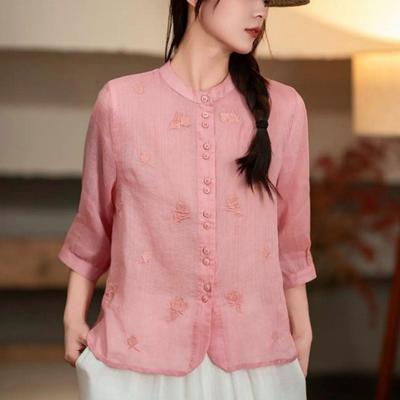 Women Shirt Round Neck 3/4 Sleeve Buttons Placket Shirt Tops Pure Color Floral Embroidery Pattern Summer Tops