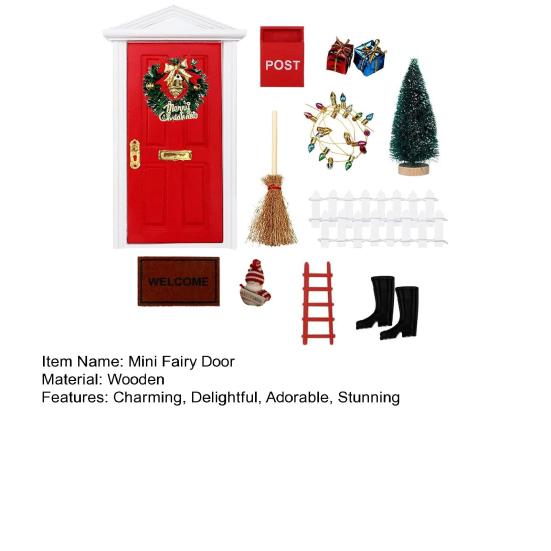 20 Pcs Wooden Miniature Christmas Elf Fairy Door Set Red Magical Tiny Door with Accessories for Dollhouse Fairy Tale Room Decor Holiday Party