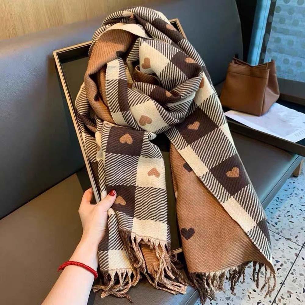 Warmer Plaid Knitted Scarf Long Tassel Shawl Gifts Heart Thickened Scarf  Winter