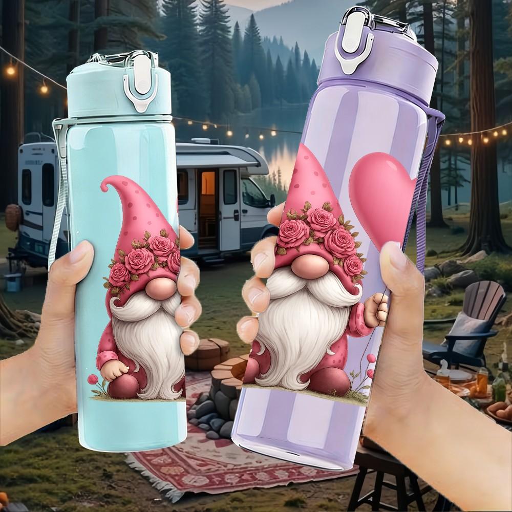 1PC Cute Pink Heart Gnome Pattern 750ml Color Plastic Sports Water Bottle Leakproof Flip Straw Lid Suitable for Sports Office Home Use
