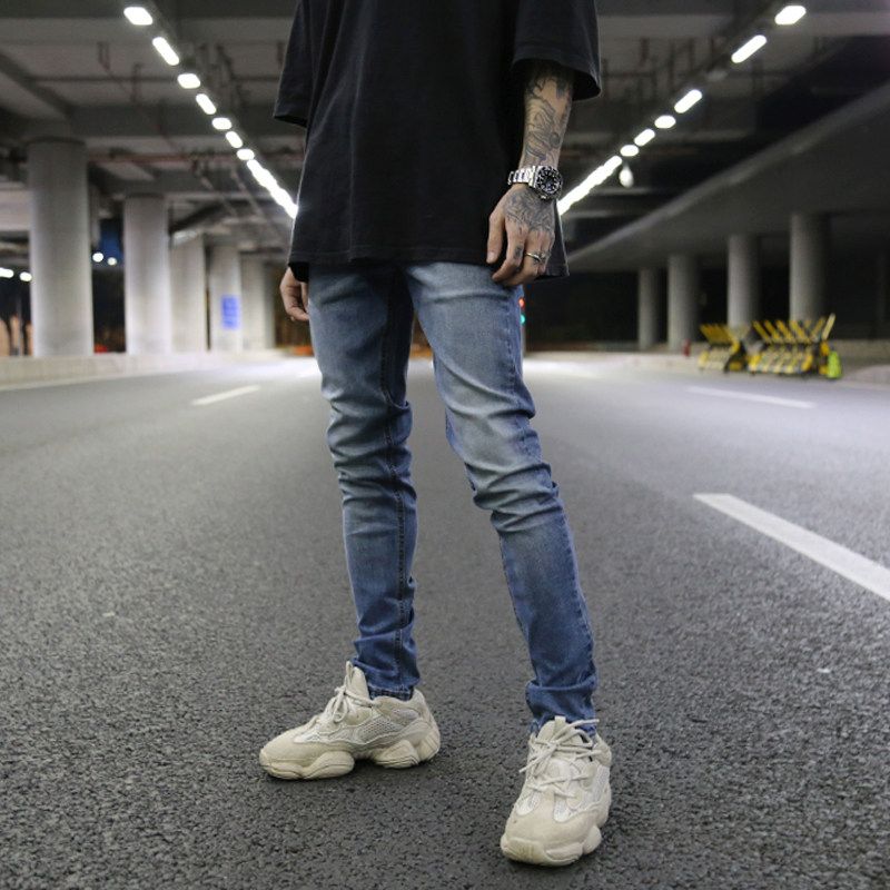Kanye European and American High Street Wind Heavy Washing Basic Color Slim Fit Elastic Feet Jeans Ins Tide Jeans