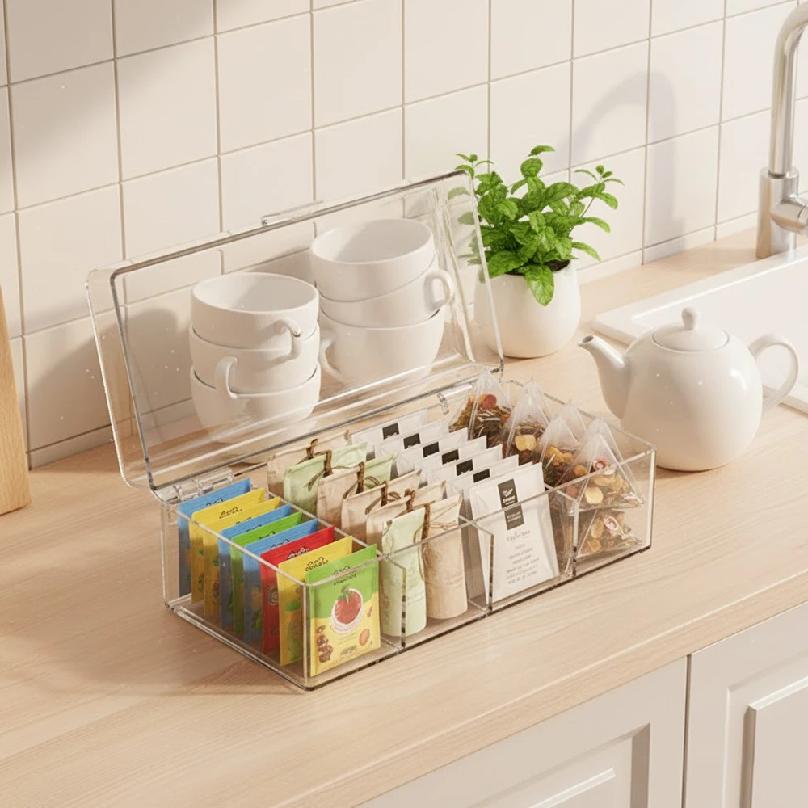 4 Compartment Lidded Storage Box Tea Bag Storage Box Food Storage Organizer Dustproof Multifunctional for Cosmetics,  Stationery
