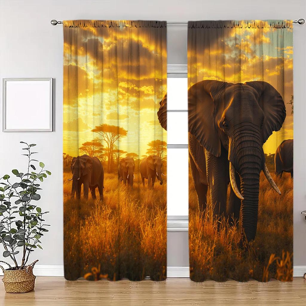 2-Panels African Kenyan Elephant Decorative Curtains   Semi Transparent Without Lining   Durable Polyester Fiber Curtains