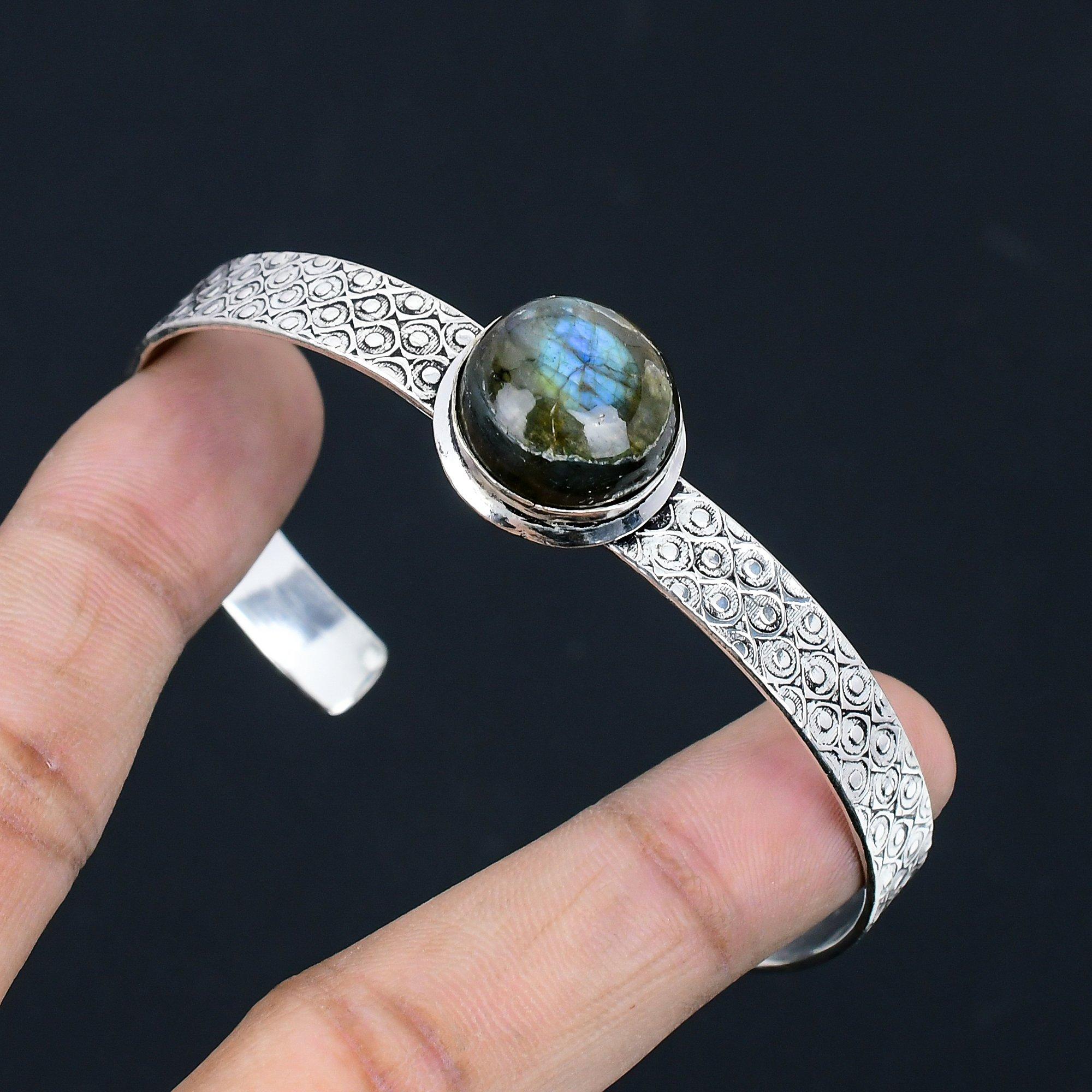

Daughters Day Deal 925 Silver Round Labradorite Stone Trendy Birthday New Bangle Adjustable