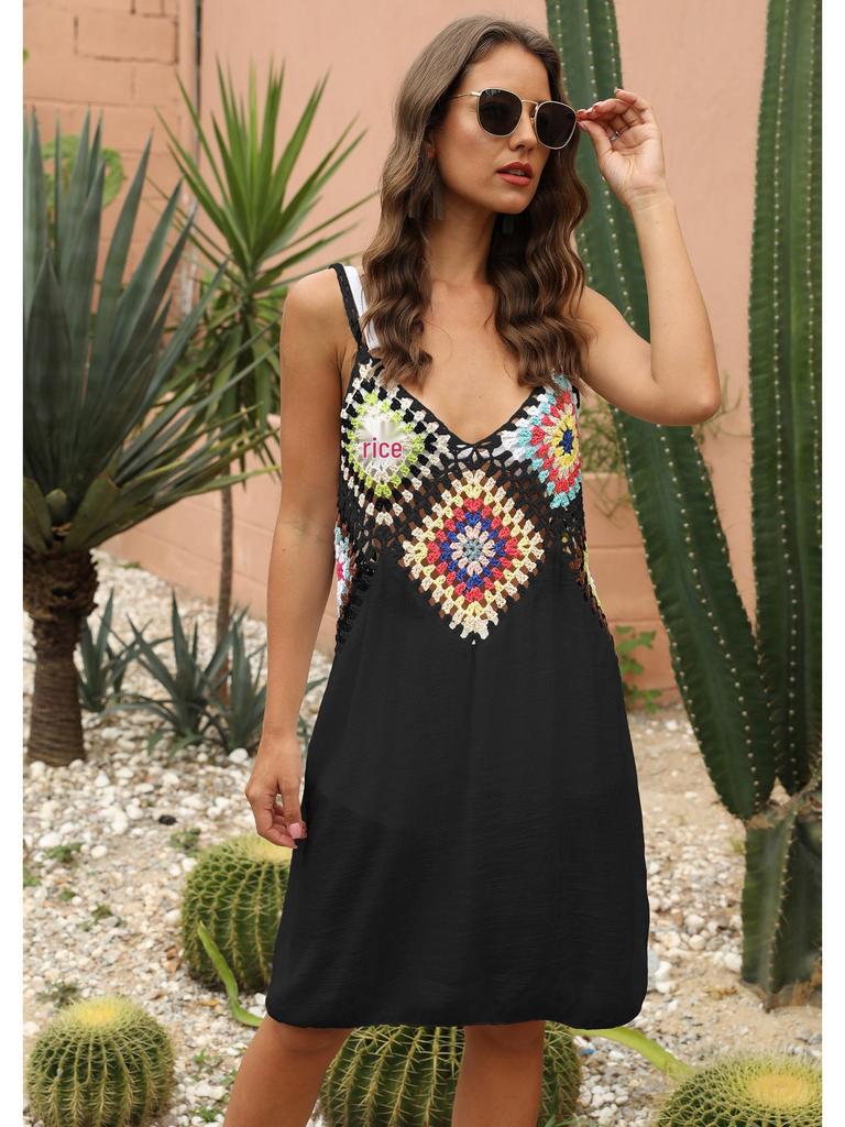 Women's Hand-Crocheted Flower Patchwork Sleeveless Beach Cover-up Dress