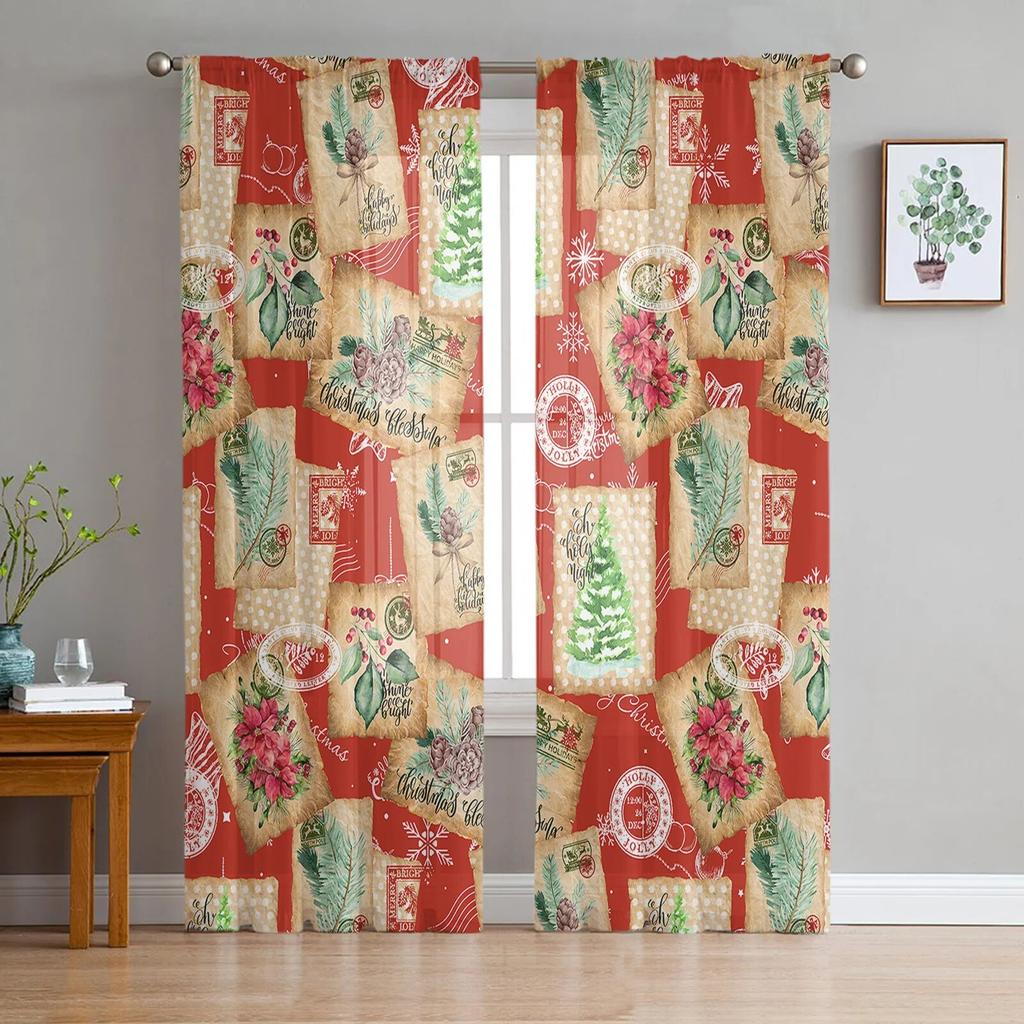 Christmas Retro Envelope Stamp Bedroom Transparent Sheer Curtains Holiday Decoration Window Voile Tulle Curtain