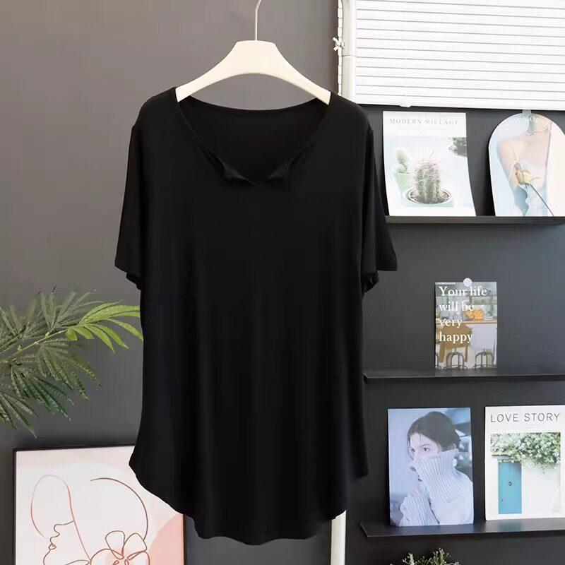 Modal Short-sleeved T-shirt Women's Medium and Long Butt-covering V-neck Arc Hem Loose Sports Blouse Top