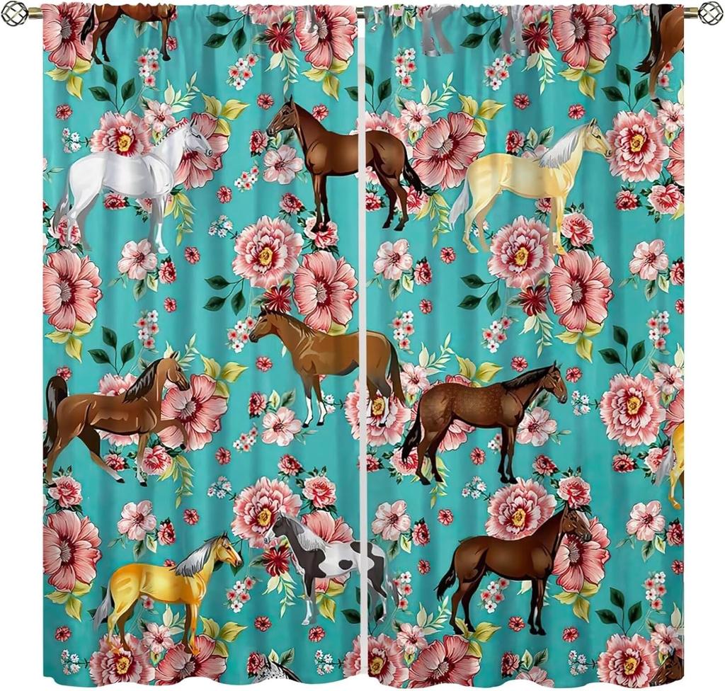 Horse Window Curtains, Western Wild Horses Under Cherry Curtains For Living Room,Country Style Rustic Farm Animal Horse Pink