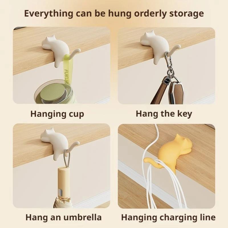 Cute Cat-Shaped Hooks Desktop Key Holder Hooks Desk Ornament Kawaii Office Bag Storage Racks Table Edge Keychain Organizer
