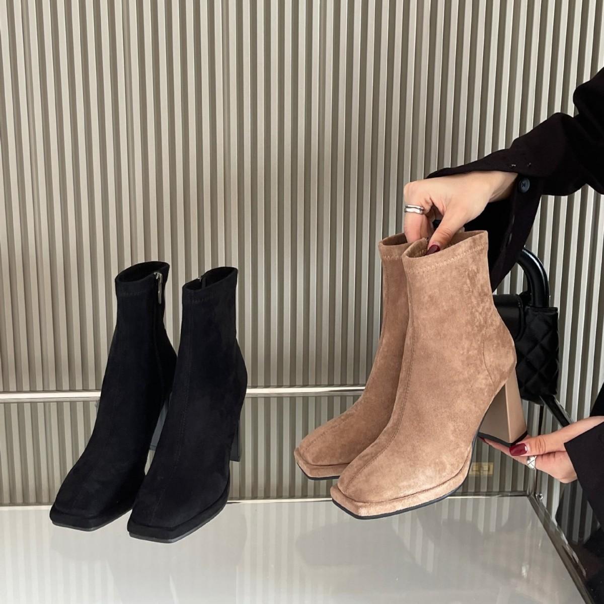 

2025 new square head suede side zipper soft leather low tube received Martin thin women s short boots 39 хаки