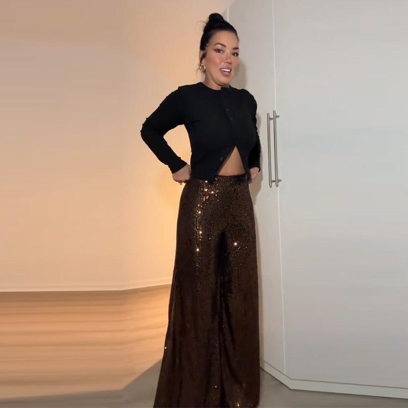 Elegant Shinny Sequin Long Pants Women Fashion High Waist Draped Loose Trousers Spring Autumn Casual Wide Leg Solid Color Party Pant