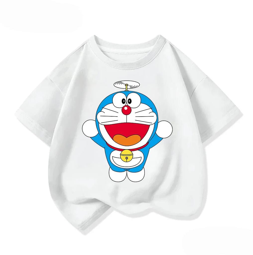 Cute Boys Girls Short Sleeve T Shirt Doraemon Cartoon Pattern Crew Neck Comfort Summer Casual Daily Wear 3 To 14Y
