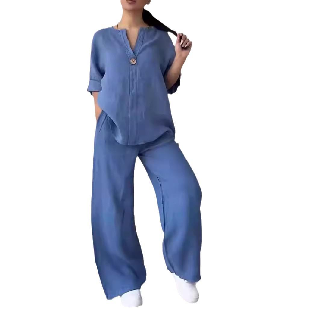 

Летний женский хлопковый льняной комплект из 2 предметов: свободная блузка на пуговицах, рубашка и широкие брюки на высокой резинке XL