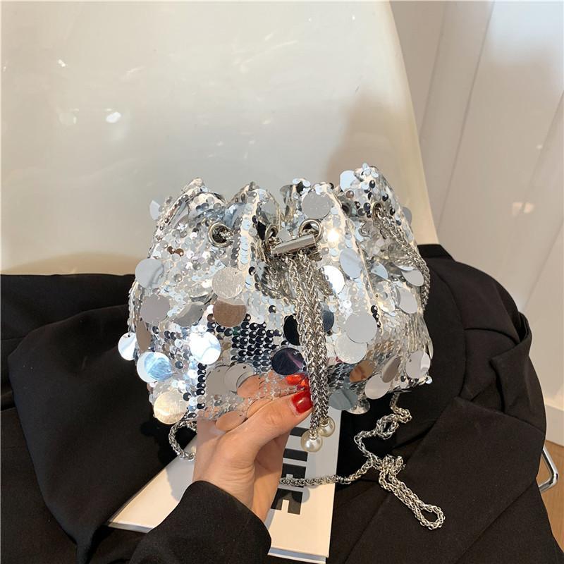 Shiny Fringe Sequin Evening Street Fashion Pu Bucket Bag 2024 New Trendy Chic Drawstring Large Capacity Stylish Handbag
