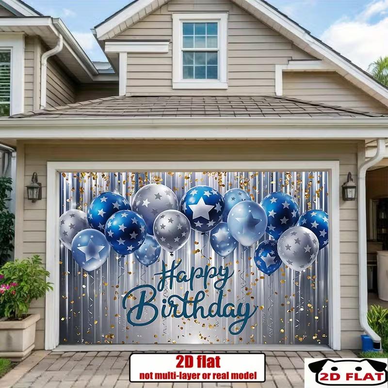 

2D Blue Silver Star Balloon Happy Birthday Garage Door Banner Backdrop Party Decor Background 47.2x31.5inch/120*80cm